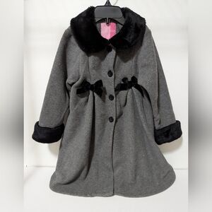 Good Lad | Toddler Girls 4T Gray Fleece Coat W/Black Faux Fur Trim & Velvet Bows